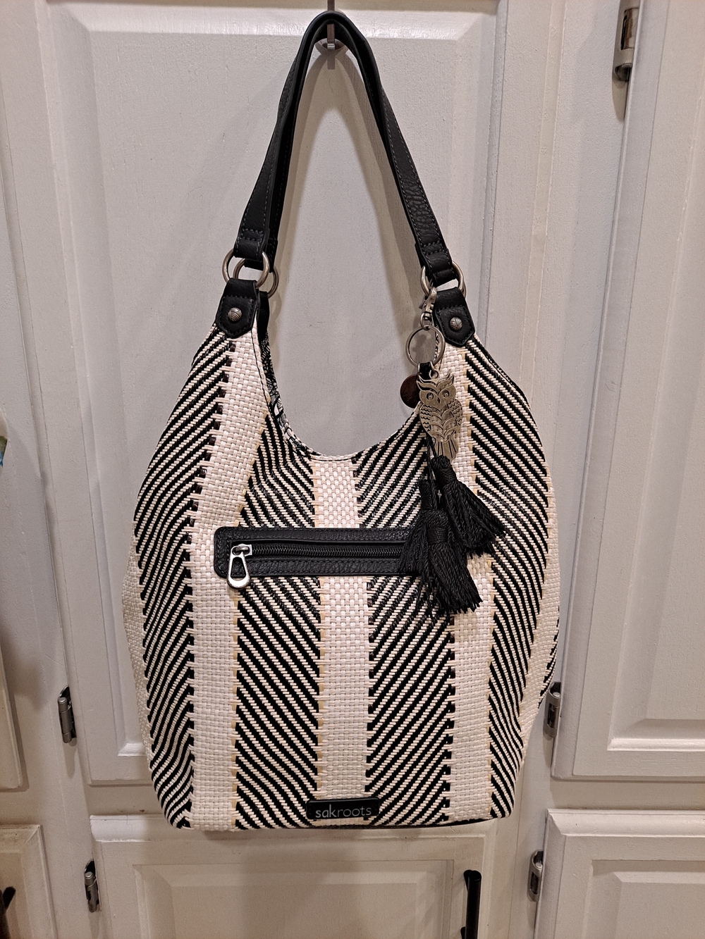 Sakroots Roma Shopper Black Cream Stripe Woven Shoulder Bag Owl Tassel Charm